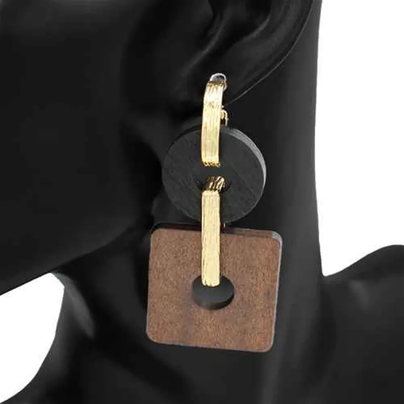 WOOD GOLD DANGLING EARRINGS ( 2734 GDBKDBR ) made by Oh My Jewelry