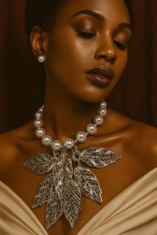 SILVER WHITE PEARL NECKLACE LEAF ( 11230 RWH ) sold by Oh My Jewelry