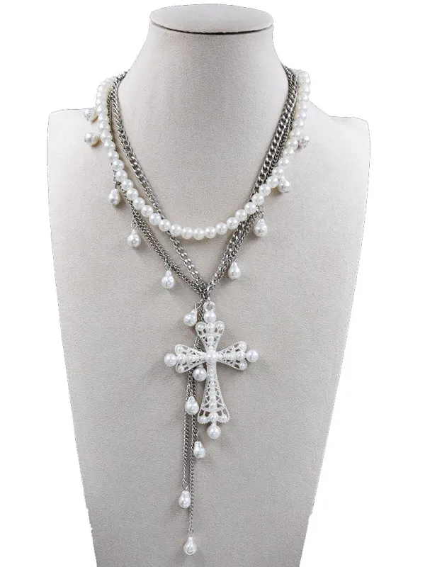 SILVER PEARL CROSS NECKLACE ( 254210 SNK ) sold by Oh My Jewelry
