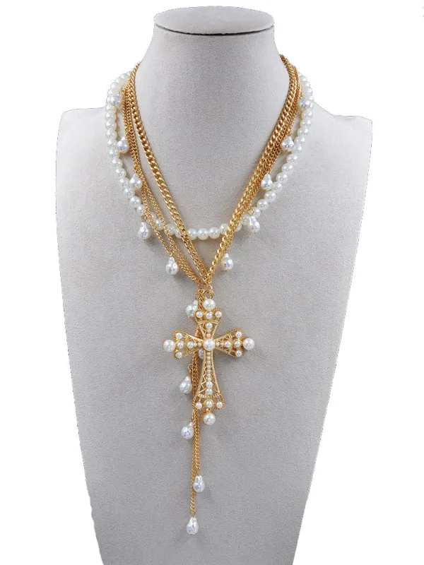 GOLD PEARL CROSS NECKLACE ( 254210 GNK ) sold by Oh My Jewelry