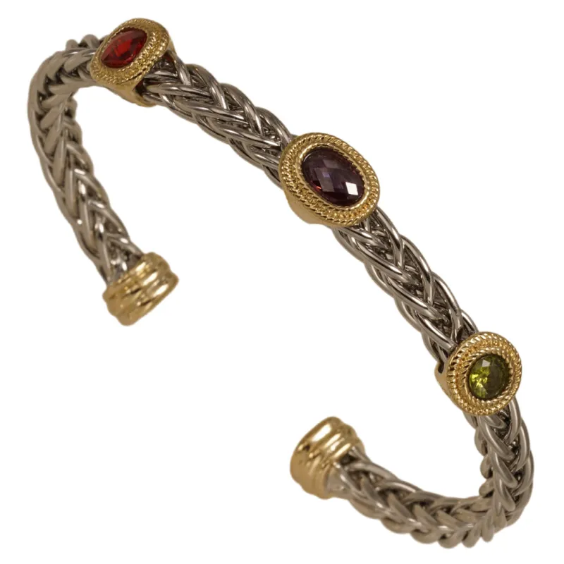 SILVER GOLD CUFF BANGLE MULTI COLOR CZ CUBIC ZIRCONIA STONES ( 8350 BKDM ) sold by Oh My Jewelry