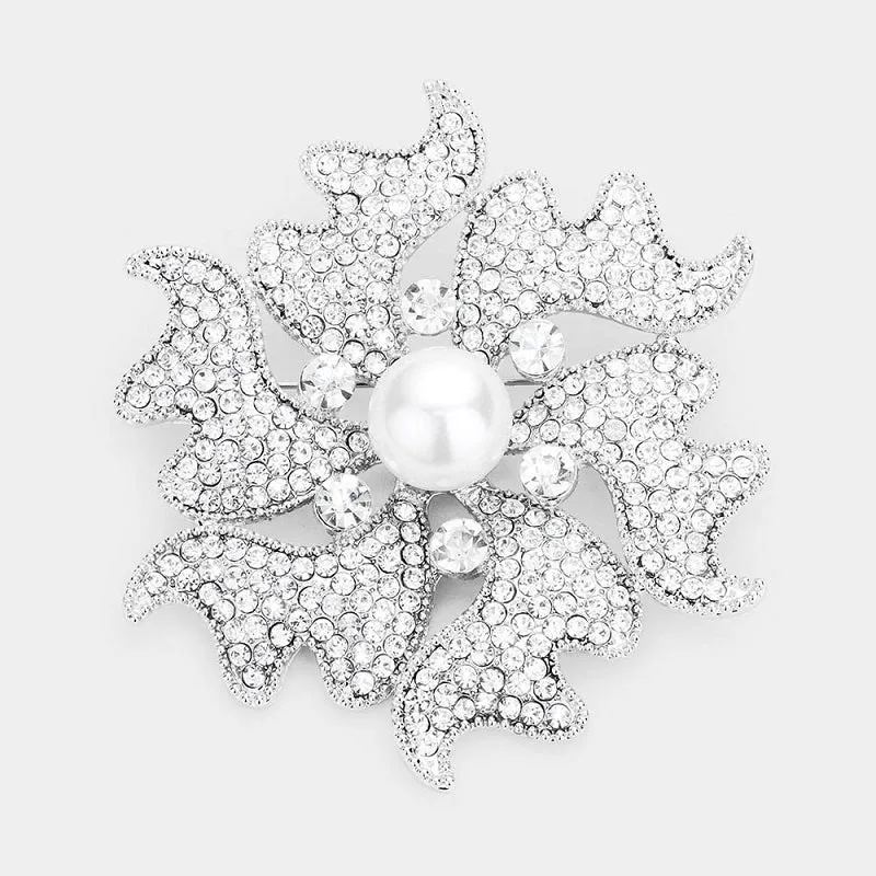3.25" Silver and Clear Rhinestone with White Pearl Flower Brooch ( 1331 ) sold by Oh My Jewelry