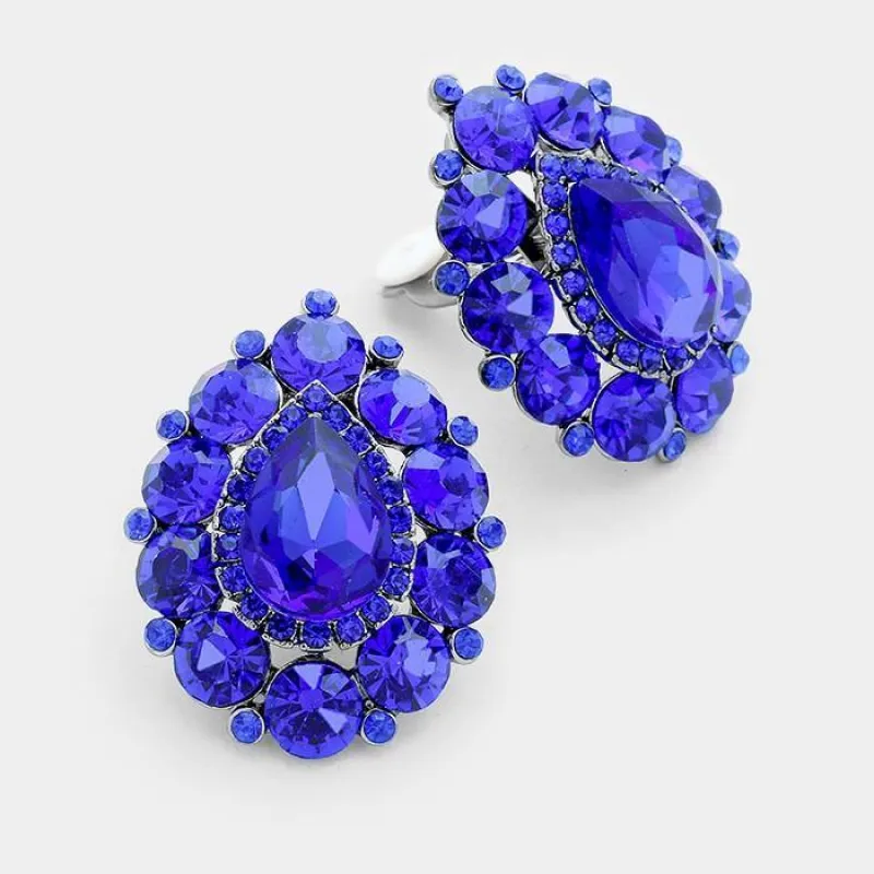 SILVER ROYAL BLUE Stones Teardrop Clip On Earrings ( 4501 SRBL ) sold by Oh My Jewelry
