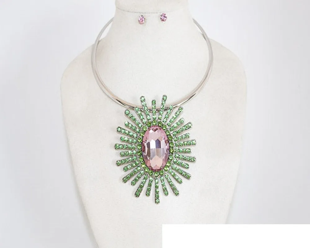 SILVER CHOKER NECKLACE SET PINK GREEN STONES ( 1034 SPKGR ) sold by Oh My Jewelry