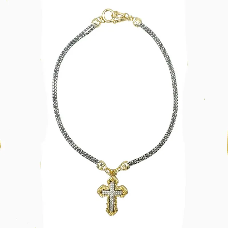 SILVER GOLD CROSS NECKLACE CZ STONES ( 9834 ) sold by Oh My Jewelry