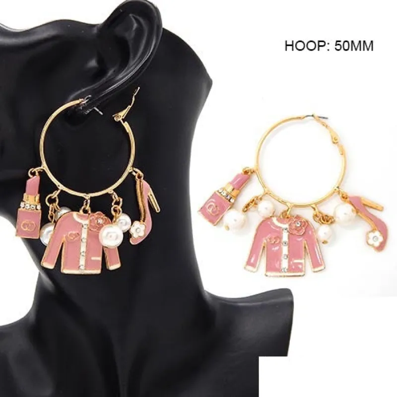 CHARM HOOP EARRINGS GOLD PINK ( 3587 GDPNK ) sold by Oh My Jewelry