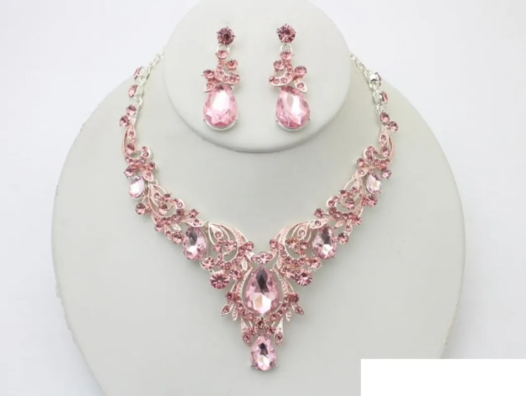 SILVER PINK NECKLACE SET ( 20993 SLROS ) made by Oh My Jewelry