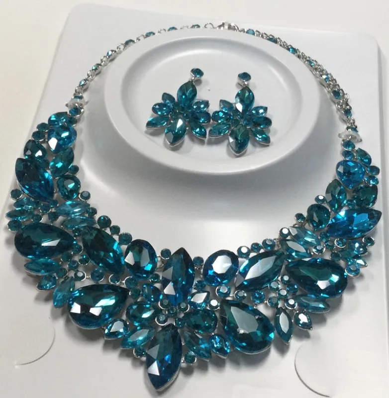 SILVER NECKLACE SET AQUA STONES ( 014270 AQ ) sold by Oh My Jewelry