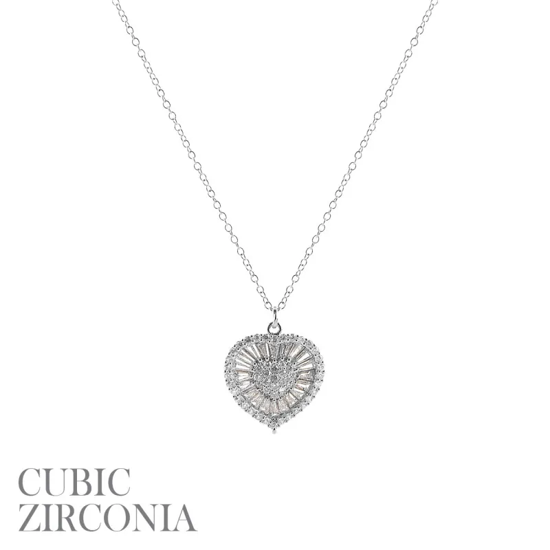 SILVER NECKLACE HEART PENDANT CLEAR CZ CUBIC ZIRCONIA STONES ( 18036 CRR ) sold by Oh My Jewelry