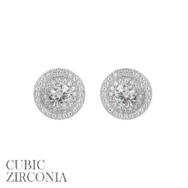 12mm Silver Clear CZ Cubic Zirconia Double Round Frame Stud Earrings ( 25541 S ) sold by Oh My Jewelry