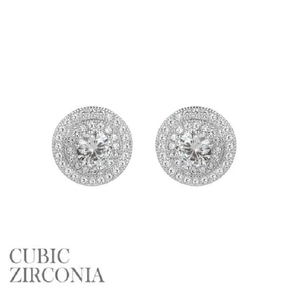 12mm Silver Clear CZ Cubic Zirconia Double Round Frame Stud Earrings ( 25541 S ) sold by Oh My Jewelry