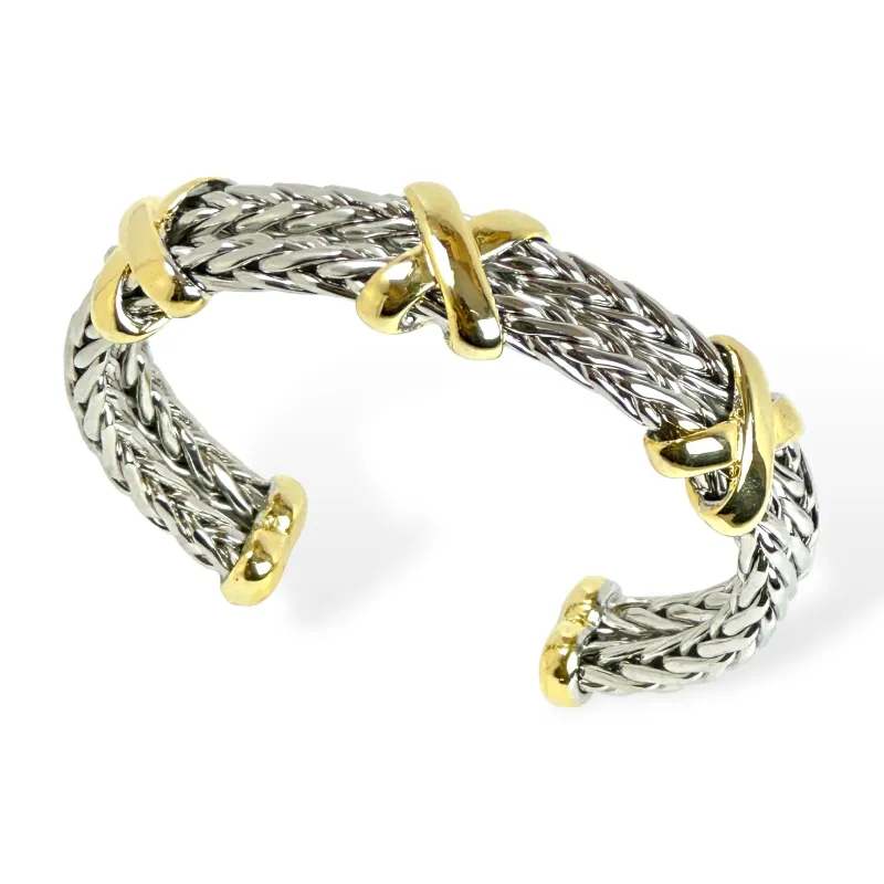 SILVER GOLD CUFF BANGLE X DESIGN ( 8627 BK ) sold by Oh My Jewelry