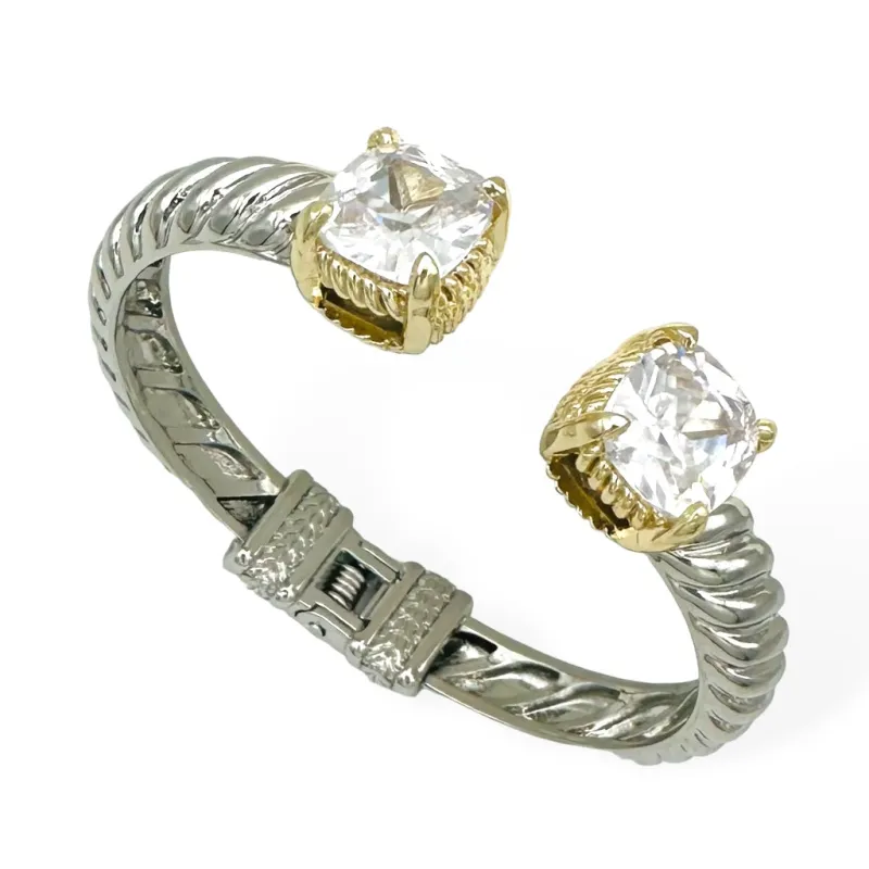 SILVER GOLD CUFF BANGLE CLEAR CZ STONES ( 9239 KC ) sold by Oh My Jewelry