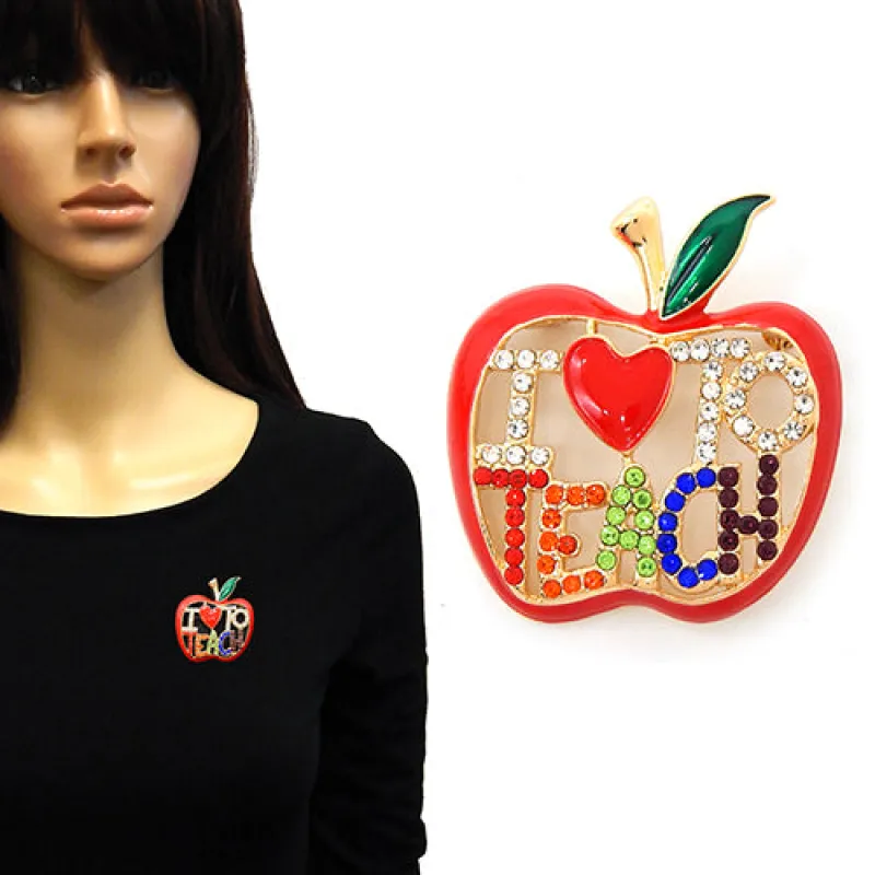 GOLD APPLE BROOCH I HEART TO TEACH ( 2212 GDMLT ) made by Oh My Jewelry