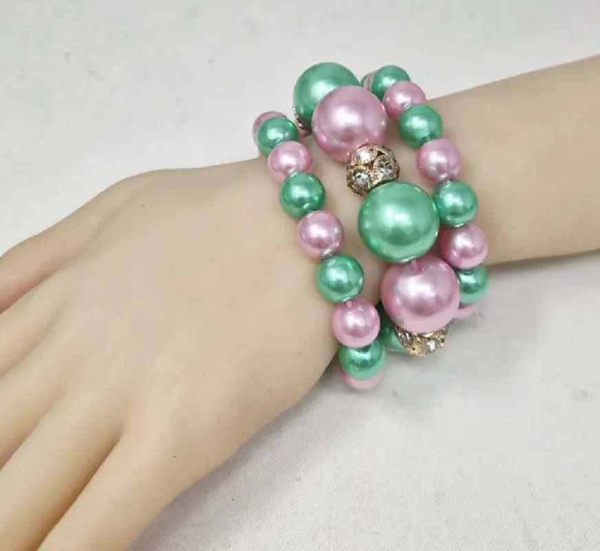 PINK GREEN PEARL STRETCH BRACELETS ( 10446 PKGR ) sold by Oh My Jewelry
