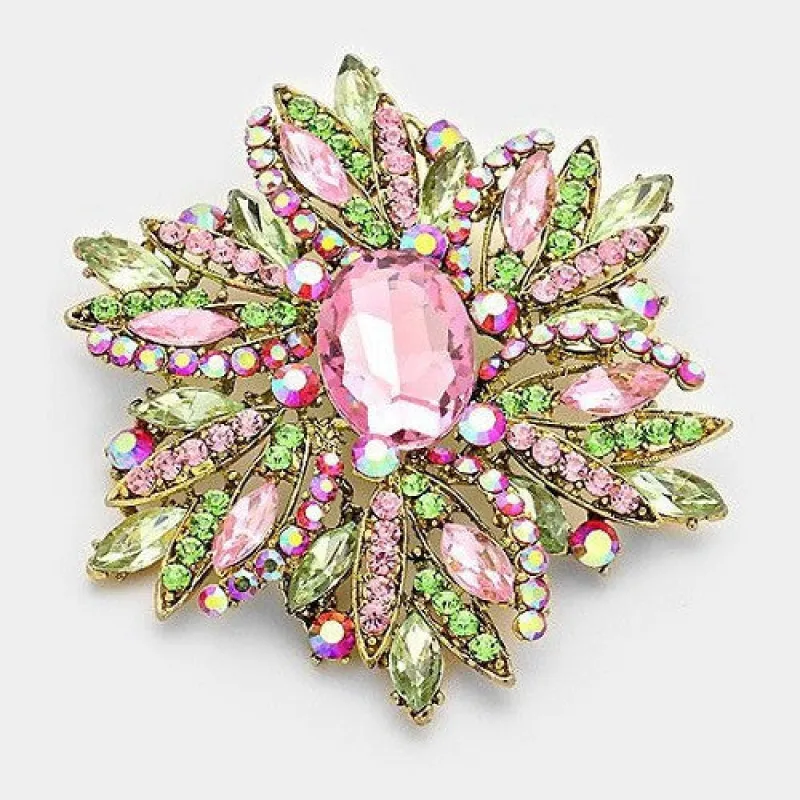 Large Pink and Green Rhinestone Brooch with Gold Accents ( 1041 PKGR ) made by Oh My Jewelry