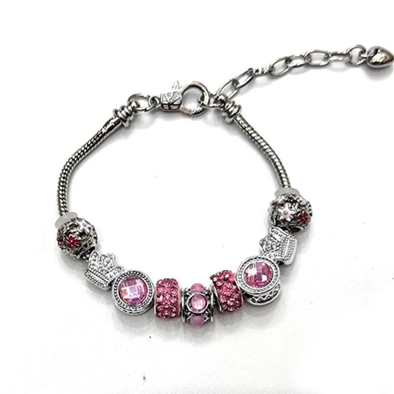 SILVER BEADED CHARM BRACELET WITH PINK CHARMS ( 3061 RDPNK ) sold by Oh My Jewelry