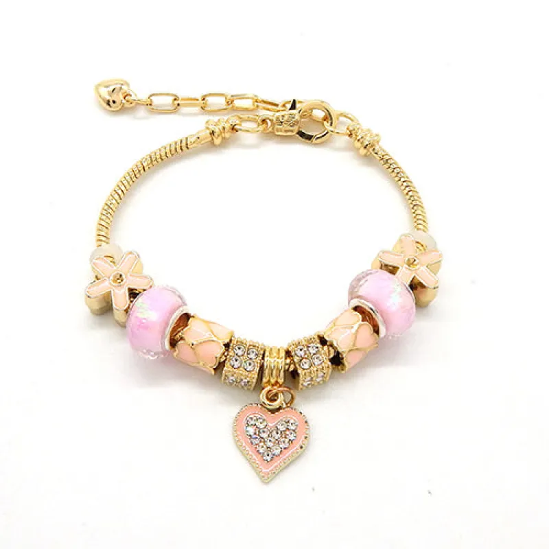 GOLD BEADED CHARM BRACELET RHINESTONE HEART CHARM ( 3059 GDPNK ) sold by Oh My Jewelry