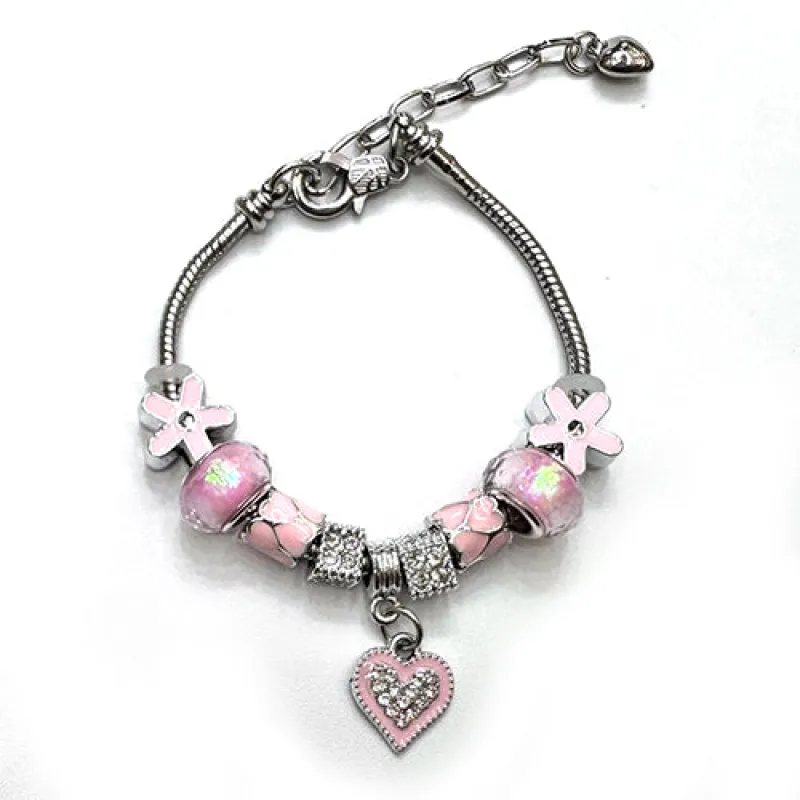 SILVER BEADED CHARM BRACELET RHINESTONE HEART CHARM ( 3059 RDPNK ) sold by Oh My Jewelry