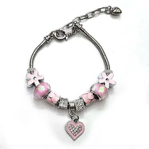 SILVER BEADED CHARM BRACELET RHINESTONE HEART CHARM ( 3059 RDPNK ) sold by Oh My Jewelry