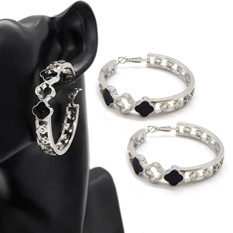SILVER BLACK HOOP EARRINGS QUATREFOIL ( 3565 RDBLK ) sold by Oh My Jewelry