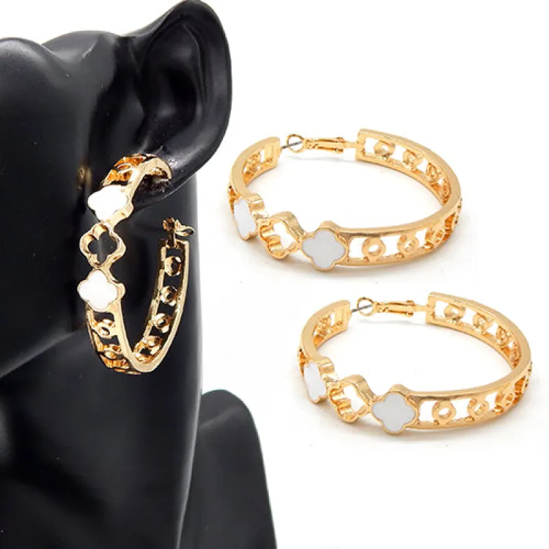 GOLD WHITE HOOP EARRINGS QUATREFOIL ( 3565 GDWHT ) sold by Oh My Jewelry