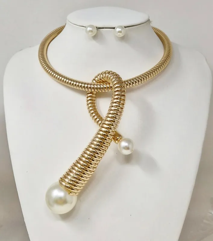 GOLD CHOKER NECKLACE SET PEARL ( 11131 GCR ) sold by Oh My Jewelry