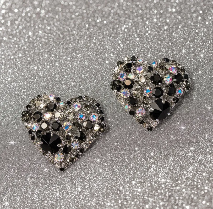 SILVER HEART CLIP ON EARRINGS BLACK AB HEMATITE STONES ( 2706 BK ) sold by Oh My Jewelry