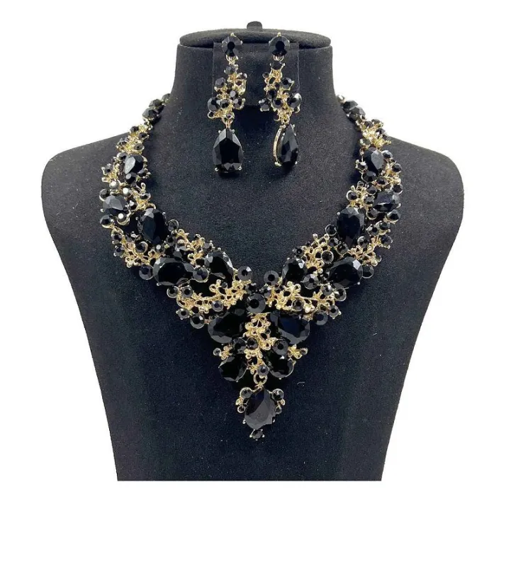 GOLD BLACK Rhinestone Necklace Set ( 0058 2J ) made by Oh My Jewelry