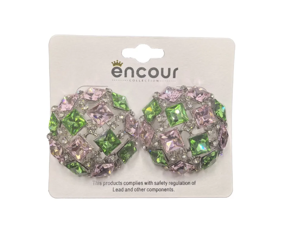 SILVER PINK GREEN RHINESTONE EARRINGS ( 0557 3PKGR ) sold by Oh My Jewelry