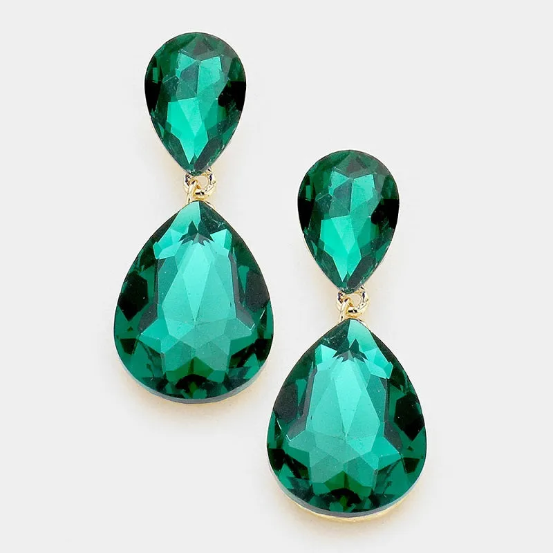 2" GOLD EMERALD GREEN CLIP ON Double Glass Earrings ( 1420 GEME CLIP ) sold by Oh My Jewelry