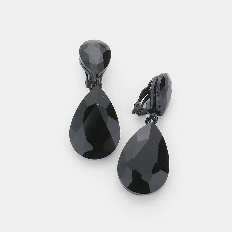 2" BLACK STONE CLIP ON Double Glass Earrings ( 1420 CLIP ) sold by Oh My Jewelry