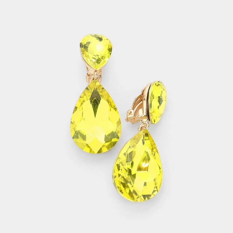 2" GOLD YELLOW STONE CLIP ON Double Glass Earrings ( 1420 ) sold by Oh My Jewelry