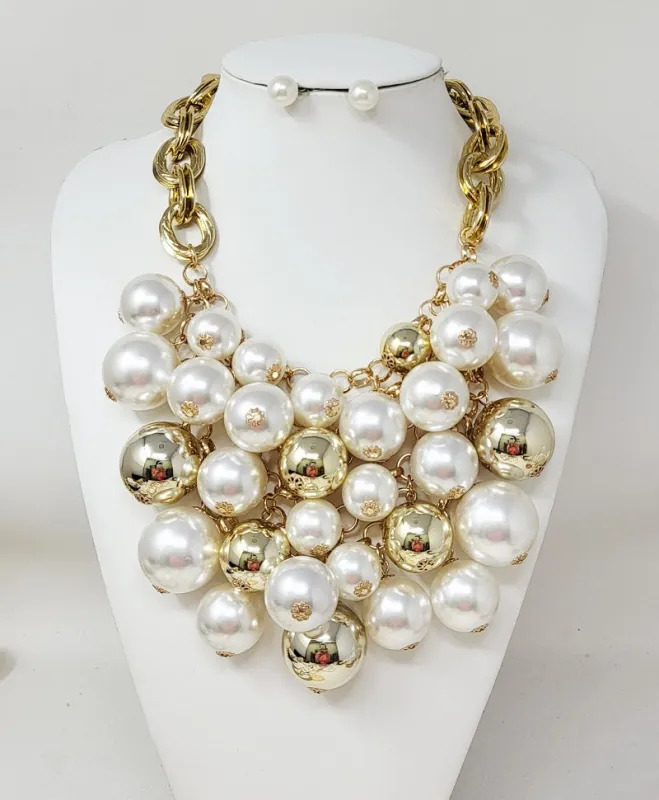 GOLD CREAM BALL NECKLACE ( 11232 GCR ) sold by Oh My Jewelry