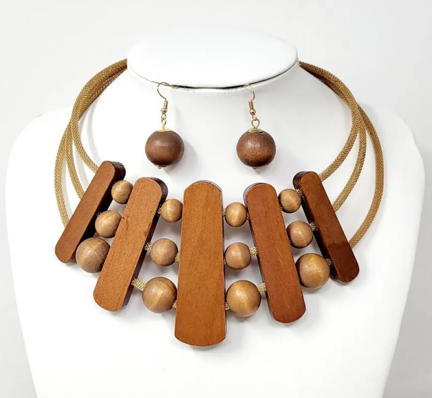 GOLD NECKLACE SET BROWN WOODEN PIECES ( 10651 GBR ) sold by Oh My Jewelry