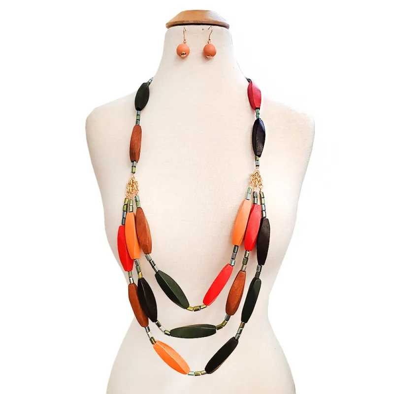 LONG GOLD MULTI COLOR WOOD NECKLACE SET ( 10568 GMT ) sold by Oh My Jewelry