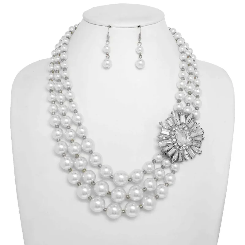 SILVER WHITE PEARL NECKLACE SET CLEAR STONES ( 151 RWH ) sold by Oh My Jewelry