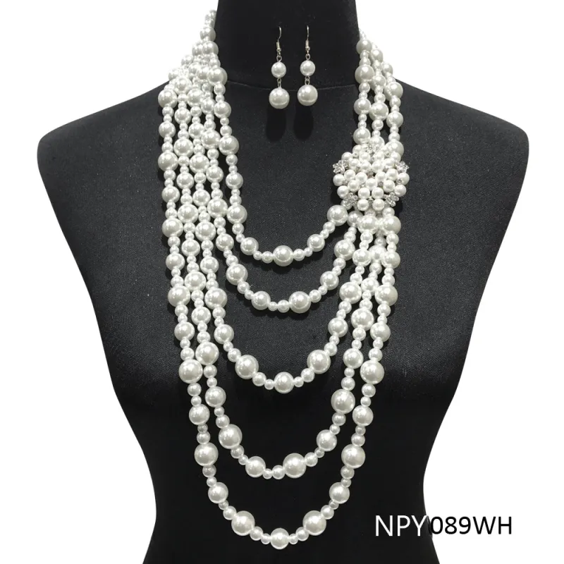 Multi Layered WHITE Pearl Necklace with SILVER Accent and WHITE Pendant and Dangle Earrings ( 089 WH ) sold by Oh My Jewelry