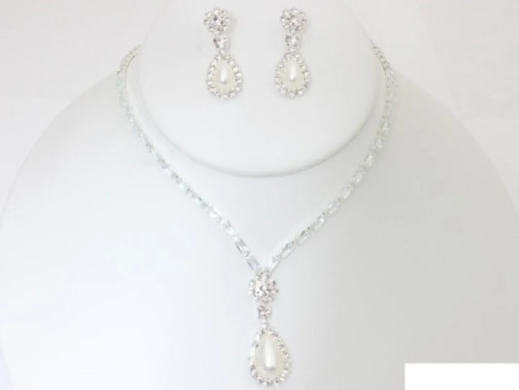 Silver Necklace Set WHITE PEARL Clear Stones ( 19892 S ) sold by Oh My Jewelry