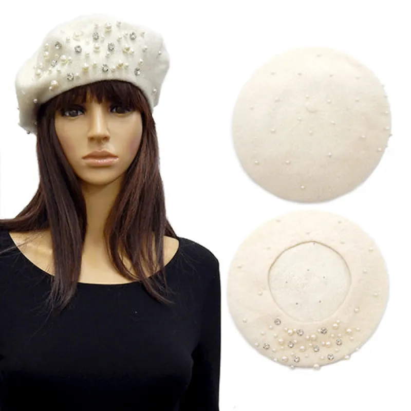 OFF WHITE WOOL FELT BERET PEARLS ( 3452 IVY ) sold by Oh My Jewelry