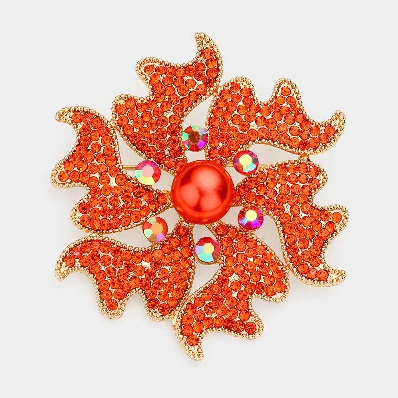 GOLD ORANGE FLOWER BROOCH STONES PEARL ( 1331 GOR ) made by Oh My Jewelry