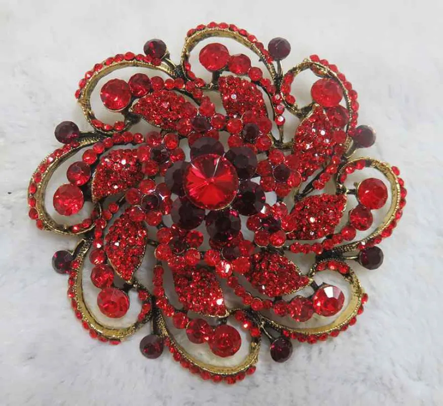 3.75" ANTIQUE GOLD BROOCH RED STONES FLORAL ( 2969 RD ) made by Oh My Jewelry