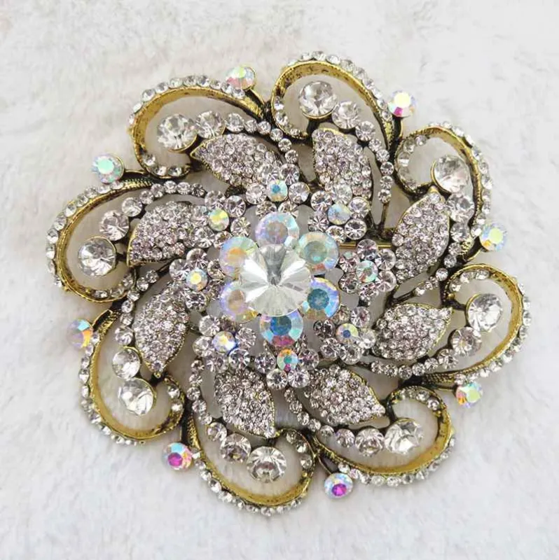 3.75" ANTIQUE GOLD BROOCH CLEAR STONES FLORAL ( 2969 GCL ) sold by Oh My Jewelry