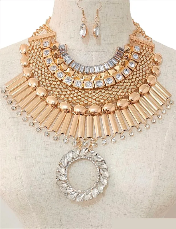 Gold Chunky Necklace Set Clear Stones ( 3559 GDCL ) sold by Oh My Jewelry