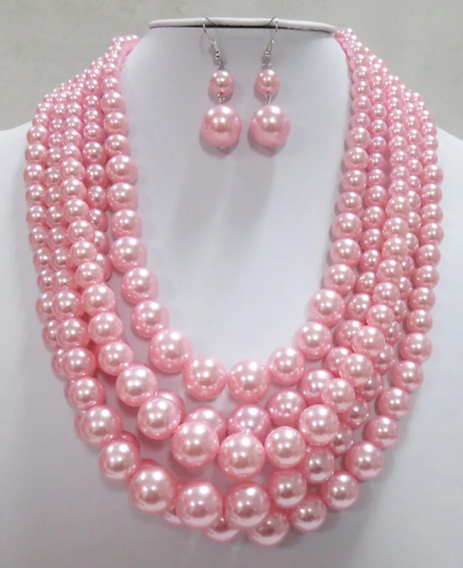 5 STRAND PINK PEARL NECKLACE SET ( 3869 PK ) sold by Oh My Jewelry