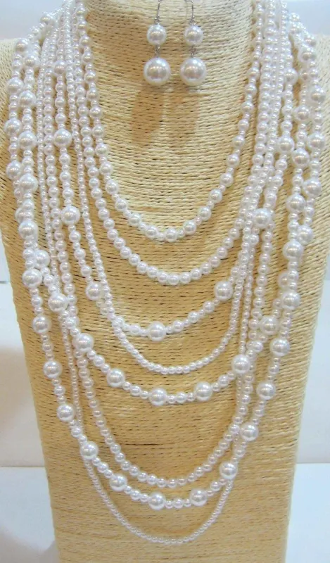 WHITE BALL MULTI LAYERED NECKLACE WITH EARRINGS ( 556 WT ) sold by Oh My Jewelry