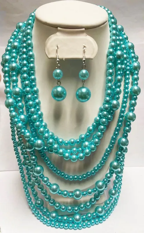TURQUOISE 8 LAYERED NECKLACE SET ( 556 TQ ) made by Oh My Jewelry