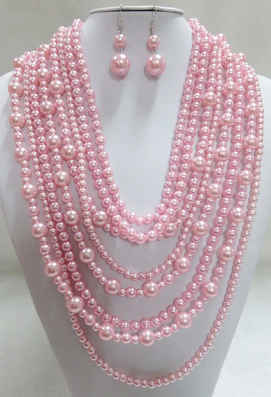 8 STRAND PINK PEARL NECKLACE SET ( 556 PK ) sold by Oh My Jewelry