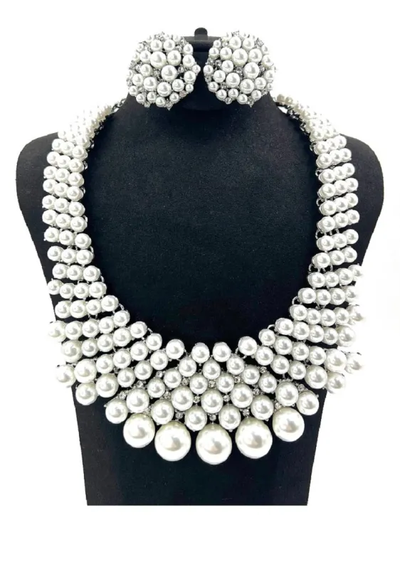 SILVER WHITE PEARL NECKLACE SET ( 0078 3WH ) sold by Oh My Jewelry