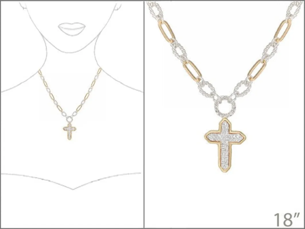 SILVER GOLD NECKLACE CROSS CLEAR STONES ( 4660 TT ) sold by Oh My Jewelry